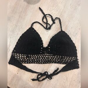 🖤🎶☀️Black Hippie Festival Crochet Halter Bikini Beach Party Top ☀️🎶🖤